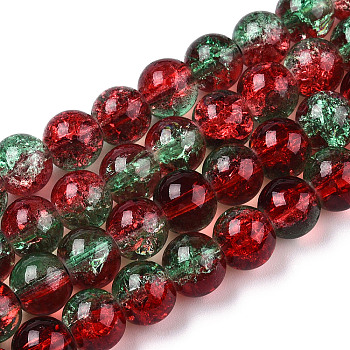 Two-Tone Crackle Baking Painted Transparent Glass Beads Strands, Round, FireBrick, 8mm, Hole: 1.5mm, about 108~110pcs/strand, 30.71 inch~31.50 inch(78~80cm)