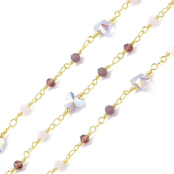 Butterfly & Round Glass Beaded Chains, Faceted, Unwelded, with Brass Chains, Golden, Lilac, 13~19x4~8x4~5mm