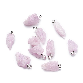 Natural Kunzite Pendants, Rough Raw Stone, with Brass Bails, Grade AAA, Long-Lasting Plated, Nuggets, Platinum, 19~29.5x12.5~23x5.3~9.5mm, Hole: 3.9x3.7mm