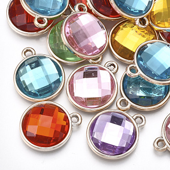 UV Plating Acrylic Pendants, with Acrylic Rhinestone, Faceted, Flat Round, Light Gold, Mixed Color, 22x18x5.5mm, Hole: 2mm