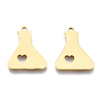 Ion Plating(IP) 201 Stainless Steel Pendants, Laser Cut, Beaker with Heart, Golden, 18x15x1mm, Hole: 1.4mm