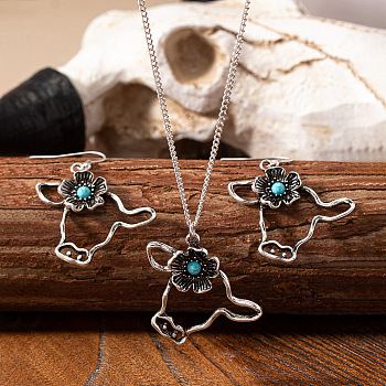 Cattle Head Alloy & Synthetic Turquoise Pendant Necklaces & Dangle Earrings Sets, Antique Silver, 460mm