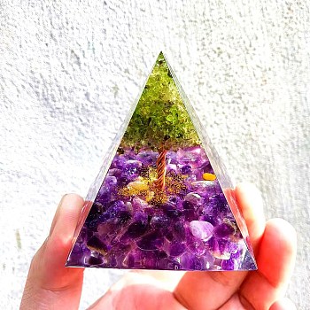 Orgonite Pyramid, Resin Pointed Home Display Decorations, with Natural Amethyst & Peridot Chips and Metal Findings inside, for Home Office Desk, 60x60mm