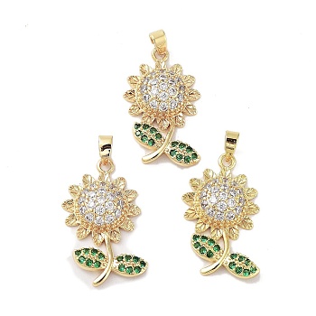 Sunflower Charms Rack Plating Brass Micro Pave Clear Cubic Zirconia Pendants, Long-Lasting Plated, Cadmium Free & Lead Free, Real 18K Gold Plated, 28x16x5mm, Hole: 2.5x4.5mm