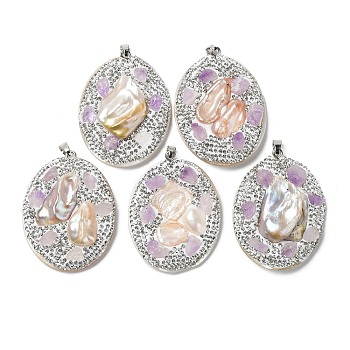 Baroque Natural Freshwater Shell Polymer Clay Rhinestone Big Pendants, Oval Charms with Platinum Plated Brass Snap on Bails, White, 52~54x40x10~13mm, Hole: 7x4mm