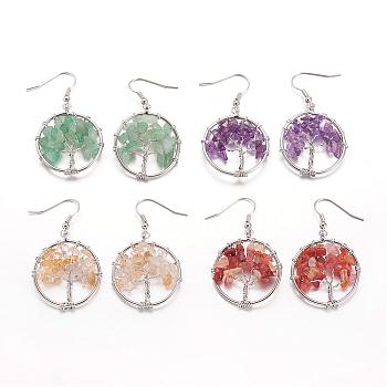 Dangle Earrings, with Natural Gemstone Beads and Brass Hooks, Ring with Tree of Life, 50mm, Pin: 0.6mm