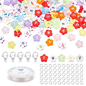 Nbeads 400Pcs Flower with Letter Acrylic Beads, Zinc Alloy Lobster Claw Clasps, Elastic Crystal Thread and Iron Jump Rings, for DIY Pendants/Bracelets Jewelry Making Kits, Mixed Color, 6~12x11x4~5mm, hole: 1.5~2mm
