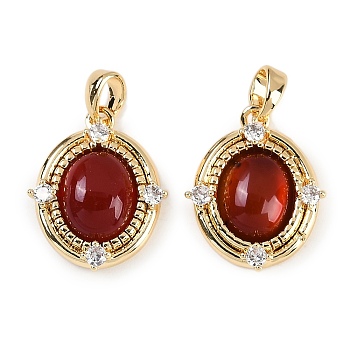 Natural Carnelian(Dyed & Heated) Oval Pendants, Brass Clear Cubic Zirconia Charms, Real 18K Gold Plated, 19x15.5x5.5mm, Hole: 4.5x2.5mm