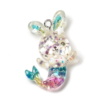 Mermaid Theme Transparent Resin Pendants, Sea Animal Charms with Paillette and Platinum Tone Iron Loops, Colorful, Rabbit, 35x23x7.5mm, Hole: 2mm