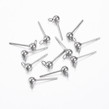 304 Stainless Steel Stud Earring Findings, with Loop, Round, Stainless Steel Color, 16x7x4mm, Hole: 2mm, Pin: 0.8mm