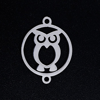 201 Stainless Steel Links connectors, Circle with Owl, For Halloween, Stainless Steel Color, 19.5x15x1mm, Hole: 1.4mm