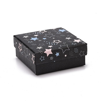 Cardboard Jewelry Boxes, with Black Sponge Mat, for Jewelry Gift Packaging, Square with Star Pattern, Black, 7.25x7.25x3.15cm