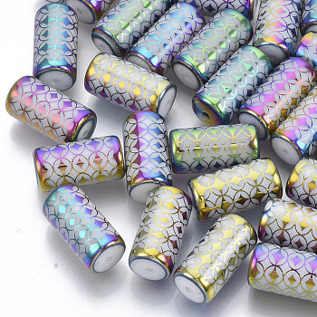Electroplate Glass Beads, Column with Flower Pattern, Colorful, 20x10mm, Hole: 1.2mm, about 50pcs/bag