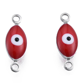 304 Stainless Steel Enamel Connector Charms, Stainless Steel Color, Horse Eye, Dark Red, 14.5x5x3mm, Hole: 1.2mm