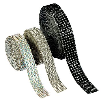 3 Rolls 3 Style Glitter Hotfix Glass Rhinestone Ribbon(Hot Melt Adhesive on the Back), Rhinestone Trimming, Costume Accessories, Mixed Color, 14~16mm, 1 Roll/style