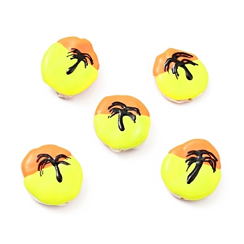 Natural Culture Freshwater Pearl Beads, with Enamel, Flat Round with Coconut Tree Pattern, Orange, 18~19x15~17x4~6mm, Hole: 1mm