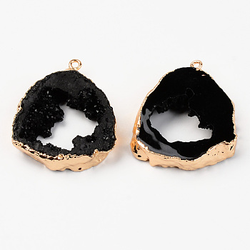 Druzy Resin Pendants, Imitation Geode Druzy Agate Slices, with Edge Light Gold Plated Iron Loops, Nuggets, Black, 38~39x32.5~33.5x7~8mm, Hole: 1.6mm