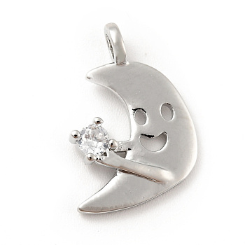 Moon with Smiling Face Brass Micro Pave Clear Cubic Zirconia Pendants, Cadmium Free & Lead Free, Platinum, 17x13x2.5mm, Hole: 1.6mm