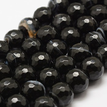Faceted Natural Black Agate Beads Strands, Round, Dyed & Heated, Black, 6mm, Hole: 1mm, about 60pcs/strand, 14.76~14.96 inch(37.5~38cm)
