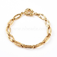 304 Stainless Steel Oval Link Chain Bracelets, with Brass Spring Ring Clasps, Textured, Real 18K Gold Plated, 7-1/2 inch(19.1cm)(BJEW-JB06101-01)