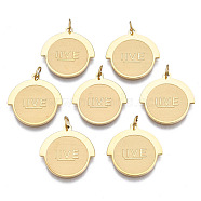 316 Surgical Stainless Steel Charms, with Jump Rings, Flat Round with Word Live, Real 14K Gold Plated, 14x14x1mm, Hole: 2mm, Jump Ring: 3.5x0.5mm, 2mm inner diameter(STAS-N097-029)