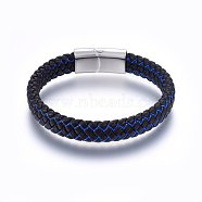 Leather Braided Cord Bracelets, with Nylon and 304 Stainless Steel Magnetic Clasp, Rectangle, Stainless Steel Color, 8-5/8 inch(22cm), 12x6mm(BJEW-E345-07P)