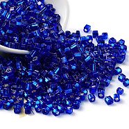 Glass Seed Beads, Silver Lined, Square, Medium Blue, 3~4x3x3mm, Hole: 1.2mm, about 6300pcs/pound(SEED-M011-01A-10)