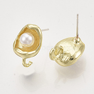 Alloy Stud Earring Findings, with ABS Plastic Imitation Pearl, with Loop, Light Gold, 12x10mm, Hole: 3mm, Pin: 0.6mm(PALLOY-S121-248)