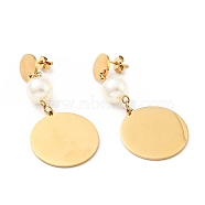 Flat Round with Acrylic Pearl Long Dangle Stud Earrings with 316 Stainless Steel Pins, Vacuum Plating 304 Stainless Steel Jewelry for Women, Golden, 50mm, Pin: 0.7mm(EJEW-F285-18G)