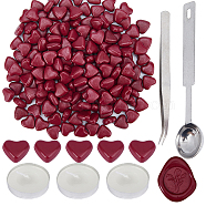 200Pcs Heart Sealing Wax Particles, with 1Pc Stainless Steel Spoon and 3Pcs Flat Round Candles and 1Pc Iron Beading Tweezers, for Retro Seal Stamp, Dark Red, Sealing Wax Particles Heart: 12.5x13.5x6.5mm(DIY-CP0009-29)