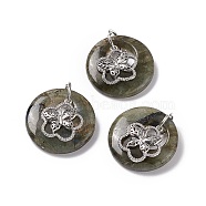 Natural Labradorite Pendants, Flat Round Charms, with Platinum Tone Brass Flower with Butterfly Findings, Cadmium Free & Nickel Free & Lead Free, 30~35x28~32x10~10.5mm, Hole: 2mm(G-P484-01P-24)