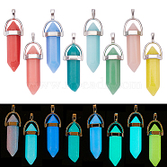 16Pcs 8 Colors Synthetic Luminous Stone Pendants, with Platinum Tone Iron Findings, Double Terminated Pointed/Bullet Shape, Dyed, Mixed Color, 40.5x13x10mm, Hole: 5x4mm, 2pcs/color(FIND-CA0005-30)