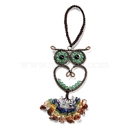 Wire Wrapped Brass Owl & Natural Green Aventurine Pendant Decoration, Braided Nylon Thread and Gemstone Chip Tassel Hanging Ornaments, 160~180mm(HJEW-C006-01C)