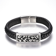 Men's Braided Leather Cord Bracelets, with 304 Stainless Steel Findings and Magnetic Clasps, Rectangle with Skull, Black, 8-5/8 inch(220mm)(BJEW-H559-20B)