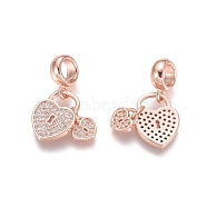 Brass Micro Pave Cubic Zirconia European Dangle Charms, Large Hole Pendants, Heart Lock, Clear, Rose Gold, 21.5mm, Hole: 5mm(ZIRC-E163-13RG)