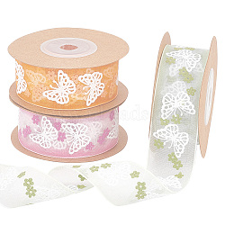Elite 4 Rolls 4 Colors Printed Organza Ribbons, Butterfly with Flower Pattern, for Gift Wrapping, Valentine's Day, Wedding, Birthday Party Decorating, Mixed Color, 1-1/8 inch(27mm), about 5.4yards(5m)/roll, 1 roll/color(SRIB-PH0001-30)