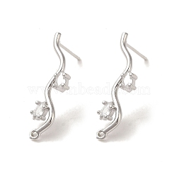 Brass with Clear Cubic Zirconia Stud Earring Findings, Branch, Platinum, 27x8mm, Hole: 1.4mm, Pin: 0.5x14mm(KK-G499-02P)