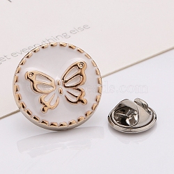 Plastic Brooch, Alloy Pin, with Enamel, for Garment Accessories, Round with Butterfly, Snow, 18mm(SENE-PW0013-07A-08B)