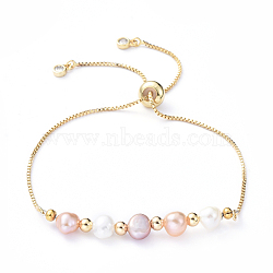 Adjustable Brass Slider Bracelets, Bolo Bracelets, with Natural Pearl Beads, Cubic Zirconia and Brass Beads, Golden, 10-5/8 inch(27cm)(BJEW-JB05149)