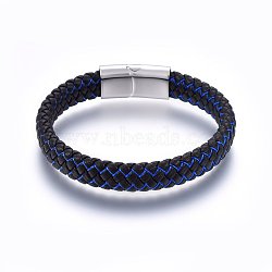 Leather Braided Cord Bracelets, with Nylon and 304 Stainless Steel Magnetic Clasp, Rectangle, Stainless Steel Color, 8-5/8 inch(22cm), 12x6mm(BJEW-E345-07P)