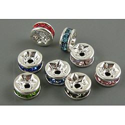 Brass Rhinestone Spacer Beads, Grade A, Mixed Color, Rondelle, Nickel Free, Silver Color Plated,Size: about 7mm in diameter, 3.2mm thick, hole: 1.2mm(X-RSB037NF)