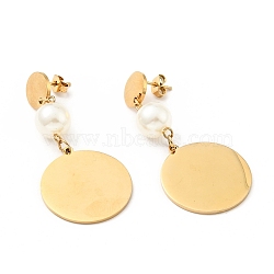 Flat Round with Acrylic Pearl Long Dangle Stud Earrings with 316 Stainless Steel Pins, PVD Vacuum Plating 304 Stainless Steel Jewelry for Women, Golden, 50mm, Pin: 0.7mm(EJEW-F285-18G)