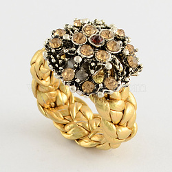 Personalized Flower Rings, Alloy Rhinestone Rings, with Imitation Leather Cord, Gold, 14~15mm(RJEW-PJR007-A-1)