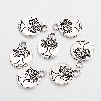 Tibetan Style Alloy Flat Round with Tree Charms, Cadmium Free & Lead Free, Antique Silver, 14.8x11.5x1.5mm, Hole: 2mm, about 625pcs/500g