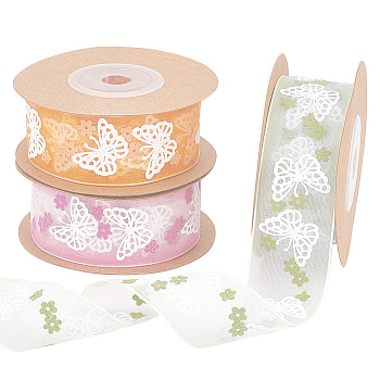 Elite 4 Rolls 4 Colors Printed Organza Ribbons, Butterfly with Flower Pattern, for Gift Wrapping, Valentine's Day, Wedding, Birthday Party Decorating, Mixed Color, 1-1/8 inch(27mm), about 5.4yards(5m)/roll, 1 roll/color