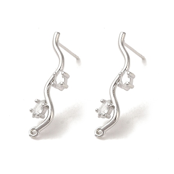 Brass with Clear Cubic Zirconia Stud Earring Findings, Branch, Platinum, 27x8mm, Hole: 1.4mm, Pin: 0.5x14mm