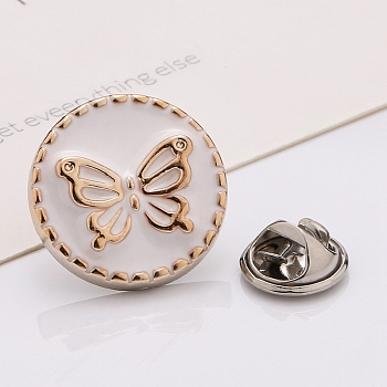 Plastic Brooch, Alloy Pin, with Enamel, for Garment Accessories, Round with Butterfly, Snow, 18mm