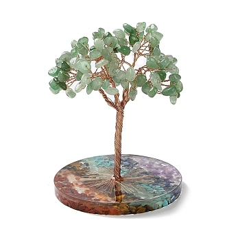 Natural Green Aventurine Chips Tree Decorations, Resin Base Copper Wire Feng Shui Energy Stone Gift for Home Desktop Decoration, 81x115~118mm