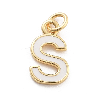 Rack Plating Brass Pendants, with Enamel and Jump Ring, Cadmium Free & Lead Free, Long-Lasting Plated, Real 18K Gold Plated, Letter, Letter S, 11.5x6.5x1mm, Hole: 2.5mm