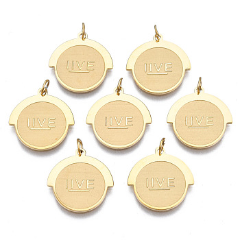 316 Surgical Stainless Steel Charms, with Jump Rings, Flat Round with Word Live, Real 14K Gold Plated, 14x14x1mm, Hole: 2mm, Jump Ring: 3.5x0.5mm, 2mm inner diameter